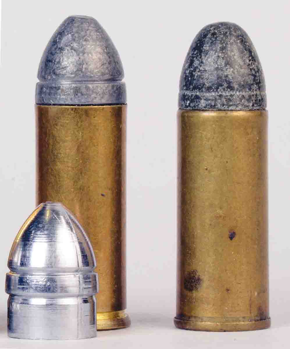 To duplicate original .44 Colt factory ballistics, Mike used the now discontinued Rapine mould 451-210 in his handloads (left). The cartridge at right is an original .44 Colt headstamped Rem-UMC.